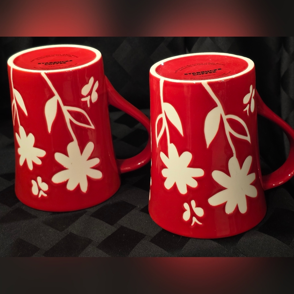 Pair Of Starbucks 2007 Coffee Mugs Red White Debossed Floral Flowers 12oz Cup - Picture 5 of 10
